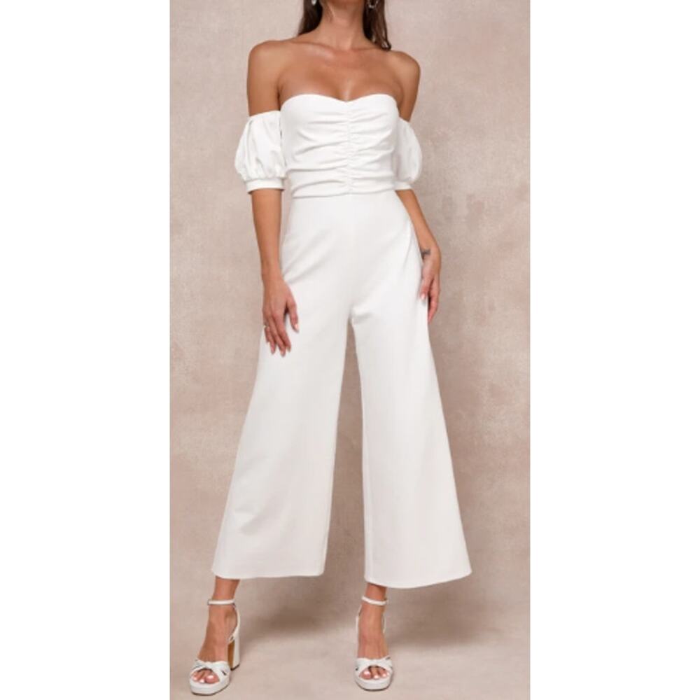 LULU'S S White Impress Release Off-the-Shoulder Puff Sleeve Jumpsuit NEW B95